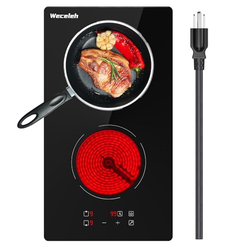 Electric Cooktop 12 inch Built-in Electric Stove Top, 2 Burners Ceramic Cooktop with 9 Power Levels, Safety Lock, Timer, Touch Control, Over-Temperature Protection, 110-120V (with Plug)