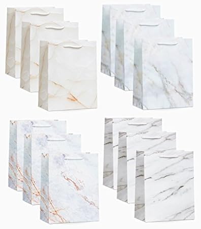 UNIQOOO 12 Pack Medium Size Marble Print Holiday Gift Bags– Premium Bulk Assorted 4 Design Gift Bag with Handles – Perfect For Birthday, Wedding, Christmas, New Year, Housewarming and Party Favors