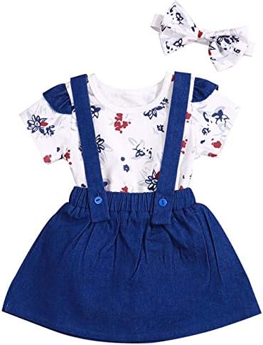 Baby Girl Clothes Toddler Girls Summer Outfits Ruffle Floral Short Sleeve +Strap Jeans Skirt Outfits with Bowknot Headband