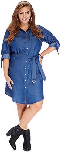 Shiny Life Women's Casual Denim Skirt Plus Size Dress with Belt Blue
