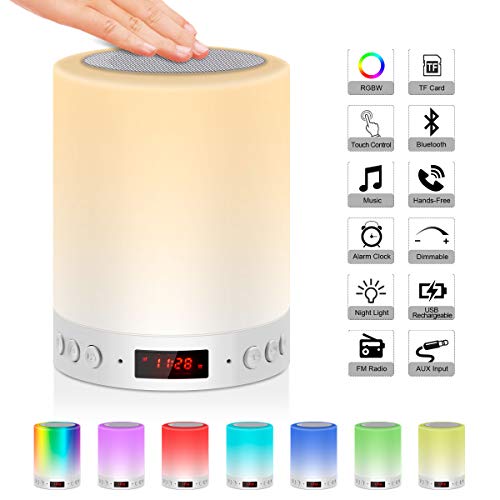 5 EN 1 Lampe de Chevet Tacile Rechargeable Portable,JOLVVN Lampe de Table Enceinte Bluetooth Musique USB FM Radio Réveil Numérique Lumière LED Multicolore Cadeau Hommes/Femmes/Enfants