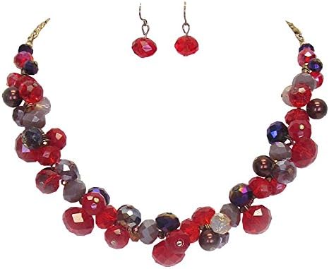 Transparent Red & Iridescent Aurora Borealis Burgundy Glass Bead Bauble Bib Necklace 18” w/ Drop Earrings