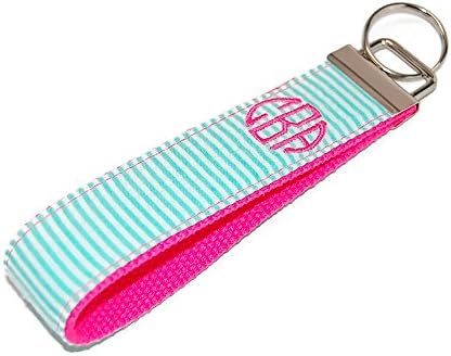 Monogrammed Pink and Mint Keychain Seersucker Fabric Key Fob