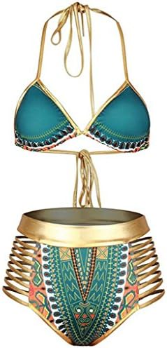 Tooklanet Women's South African Dashiki Metallic Cutout High Waist Bikini Sets Swimsuit Green XXXL