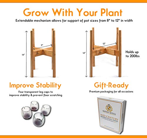 Extendable Mid Century Modern Plant Stand for Pot Sizes 8" to 12" in Natural Bamboo Color | Protective Leg Caps | Great Wood Planter Stands for Indoor and Outdoor | EXCLUDE Ceramic Pot and Plant