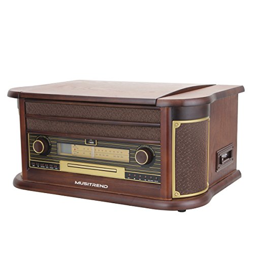 Musitrend-Retro-Vinyl-Record-Player-7-in-1-Nostalgic-Turntable-with-Bluetooth-USB-encoding-Cassette-CD-AMFM-radio-Remote-Mahogany