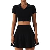 2 Piece Tennis Dress for Women High Waist Pleated Tennis Skirt with Shorts Short Sleeve Crop Golf Workout Skirts Sets