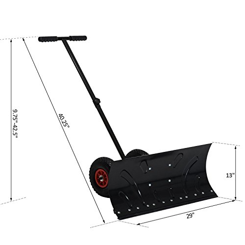 Outsunny Snow Shovel with Wheels, HeavyDuty Metal Snow Pusher