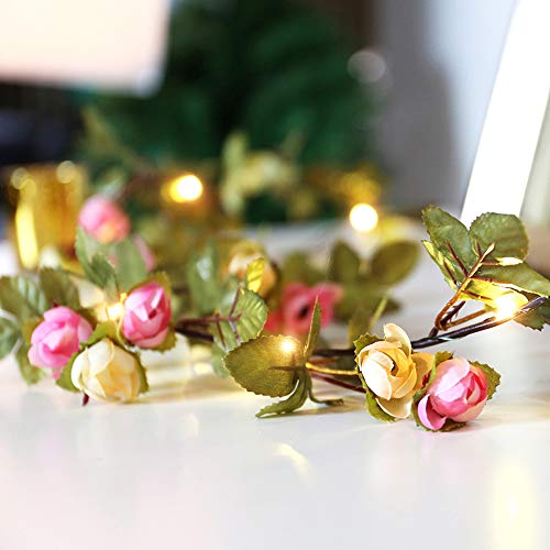 Hecaty 2 Strands Artificial Rose Garland Silk Flowers Hanging Rose Vine with 16ft Led String for Wedding Home Party Event Wreath Decor (Pink&Champagne) - Thumbnail 2