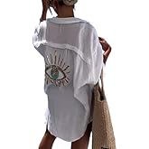 XPONNI Long Sleeve Linen Button Down Shirt Women Oversized Sequin Evil Eye Shirts Dress Beach Cover Ups Summer 2024