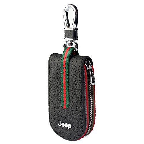 Leather Car Smart Key Chain Universal Key Holder Bag Black Zipper Case Cover Wallet Bag Shell Fob Ring (Jeep)