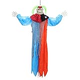 Halloween Haunters 4 Foot Hanging Circus Clown with Blue and Red Clothing Prop Decoration - 1/3 Life-Size Scale Scary Face and Fat Neck and Neon Green Hair - Fun Entryway Display