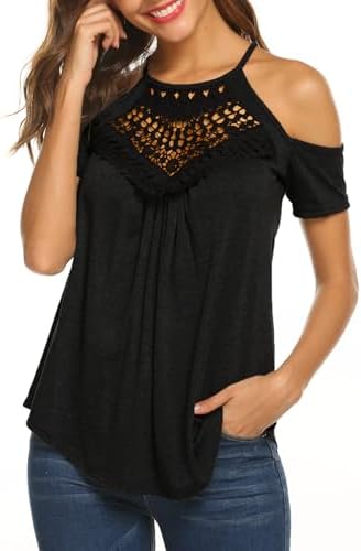 Bluetime Womens Summer Tops Halter Lace Short Sleeve Cold Shoulder