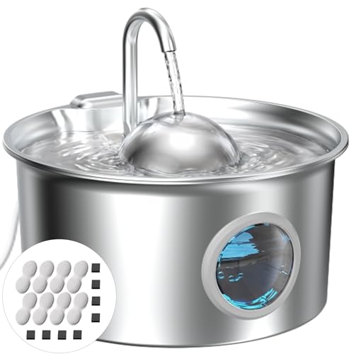 Stainless Steel Cat Fountain: Water Fountain for Cats – 2.6 L – Stainless Steel Cat Fountains – Ultra Quiet Dog Water Dispenser – Easy to Clean – with 8 Filters + 8 Sponges