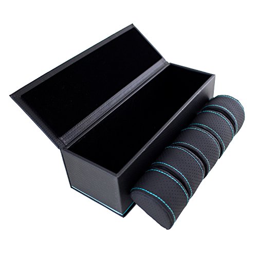 Caddy Bay Collection Carbon Fiber Pattern Watch Case Box Holds 5 Watches with Teal Blue Stripe/Stitching NEW AND IMPROVED