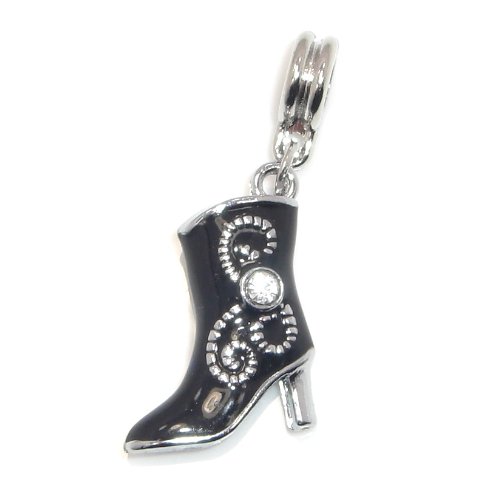 Jewelry Monster Silver Finish "Dangling Black Enamel Women's Cowboy Boot w/ White Rhinestone" Charm Bead for Snake Chain Charm Bracelet 10245