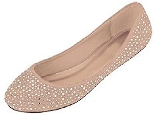 Womens Faux Suede Rhinestone Ballerina Ballet Flats Shoes 5 Colors (7/8, 4021 Nude)