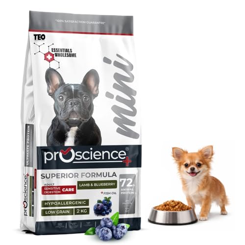 Teo Premium Proscience Mini Sterilised Dog Food 2KG Lamb & Blueberry, 72% Animal Protein, Hypoallergenic Low-Grain Recipe with Omega 3 & 6, Glucosamine, Chondroitin & Fish Oil, 28% Protein 12% Fat