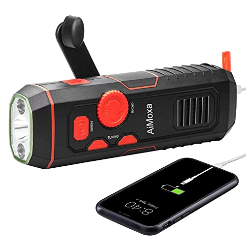 AiMoxa Portable Emergency Radio 【6.1" x 1.9" x 1.3"】, High Lumens Hand Crank Flashlight with