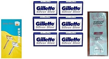 Shaving Factory Double Edge Safety Razor, Silver + Silver Blues Double Edge Blades, 5 ct. (Pack of 6) with FREE Loving Color trial size conditioner