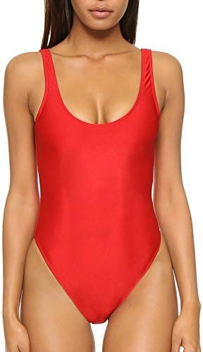 TIMIAI Women's Retro 80s/90s Inspired High Cut Low Back One Piece Swimwear Bathing Suits, Red, Medium