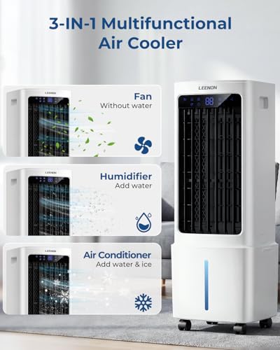 LEENON 9L Portable Air Conditioner, Air Cooler Fan with 3 Speeds, 35dB Quiet Cooling Fan with Wheel, Energy-Saving Evaporative Air Cooler for Bedroom & Home Office, Kids & Pet Friendly