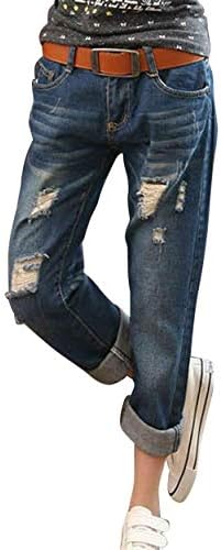 Women's Cropped Loose Fit Boyfriend Jeans Pants Classic Denim Pants Destroy Pan