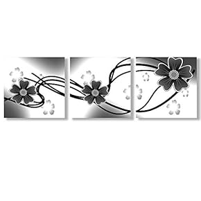 Canvas Wall Art Black and White Abstract Flowers Painting Artwork for Home Prints Framed - 12"x12"x3 Panels