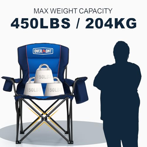 OVERMONT Oversized Camping Chair for Adults, Comfortable and Portable with Insulated Pocket and Carry Bag, Heavy Duty Folding Chair 450 lbs for Beach, Garden, Picnic and Camping,Blue