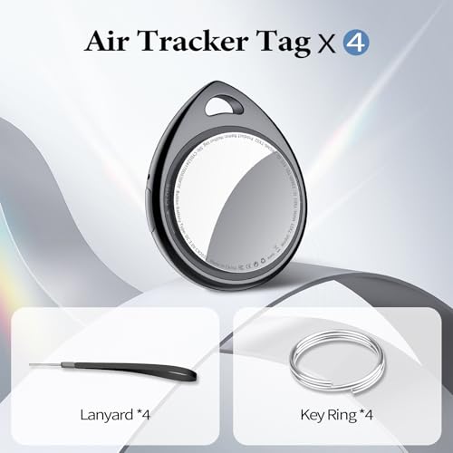 QCOQ Air Tags 4 Pack, Smart Key Finder Work with Find My (iOS Only), 100dB Bluetooth Tracker, Smart Tag with Keychain/Lanyard, Item Finder for Luggage/Key/Suitcases, Replaceable Battery