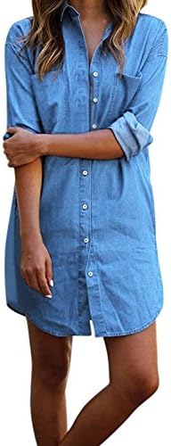 Lisli Women Long Sleeve Casual Denim Button Down Shirt Dress Club Party Jeans Dress (12, Blue)