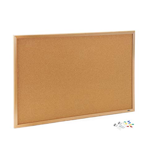 INNOVART Bulletin Board, Cork Board, 48 x 36 Inches, Oak Wood Finish Frame Corkboard with Push Pins