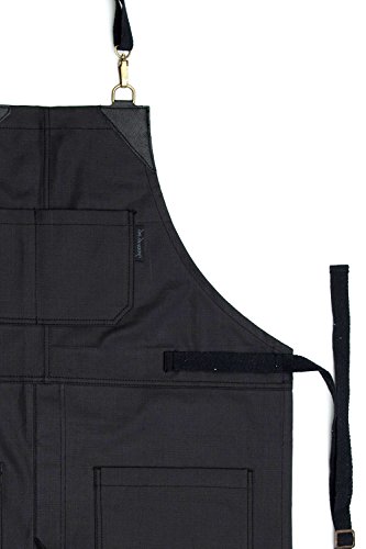 No-Tie Apron - Coated Matte Black Twill - Black Leather - Split-Leg - Thumbnail 4