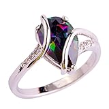 Emsione 925 Sterling Silver Plated Created Tear Drop Rainbow Topaz Bypass Swirl Womens Ring