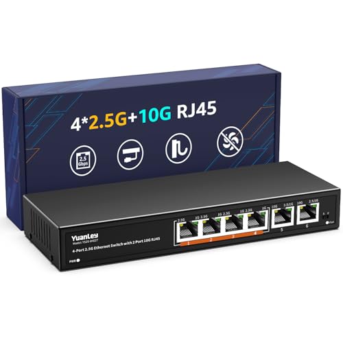6 Port Unmanaged 10G Ethernet Switch, 4 2.5G Base-T Ports, 2 Ports RJ45 10Gb, 100/1000/2500Mbps Compatible, Metal Enclosure, VLAN, YuanLey 2.5Gbe Network Switch for 2.5G/10G NAS