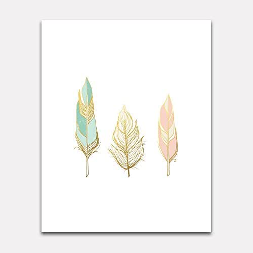 Feather Wall art in pink, mint and gold unframed Handmade