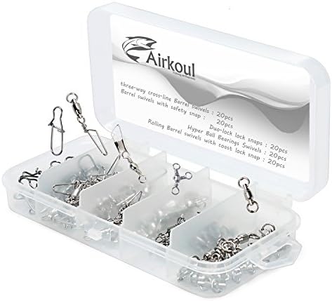 Airkoul Fishing Swivels Assorted Sizes Fishing Snap,Stainless Steel Connectors with Portable Travel Box,Fishing Swivels - Duo Lock Snaps Barrel Swivel - Ball Bearing Swivel with Coastlock Snap- 65LB