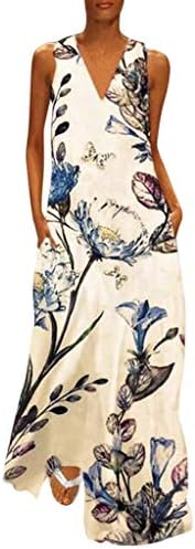 Women's Casual Dress Sleeveless V-Neck Flower Print Summer Maxi Tank Long Dress