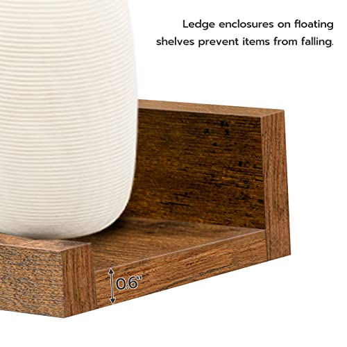 HOOBRO Floating Shelves for Wall, Wooden Floating Shelves Set of 3, Wall Mounted Shelves for Living Room, Wall Shelf with Raised Edge, Invisible Bracket, for Bathroom, Bedroom, Rustic Brown EBF90BJ01