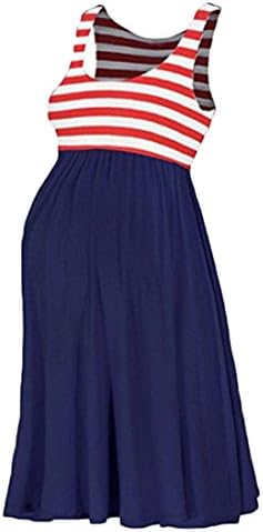 Challyhope Women O-Neck Pregnant Dress Casual Maternity Stripe Splice Swing Tank Dress