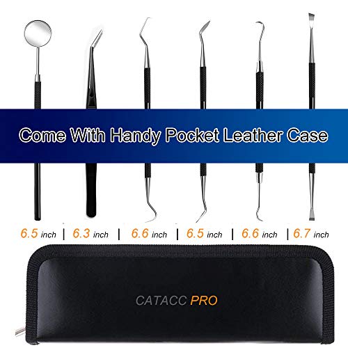 Dental Tools, 6 Pack Teech Cleaning Tools Set Stainless Steel Dental Scraper Tooth Pick Hygiene Set with Mouth Mirror, Tweezer Kit for Dentist, Family Oral Care, Dogs - with Leather Case - Thumbnail 7