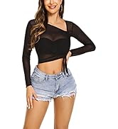 Avidlove Women Mesh Crop Top Drawstring Long Sleeve See Through Shirt Strappy Sheer Blouse S-XXL