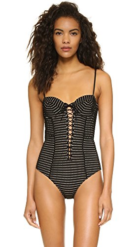 Fleur du Mal Women s Lacing Bullet One Piece Swimsuit, Black Peek-A-Boo Stripe, Large