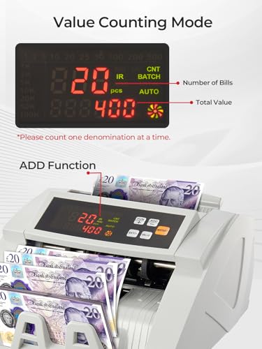FOHERE Money Counter Machine, Professional Bill Counter with UV/IR/DD Counterfeit Detection, 1100 Banknotes/Minute, LCD Display, Value & Batch Cash Counting Modes for Shops, Banks and Restaurants