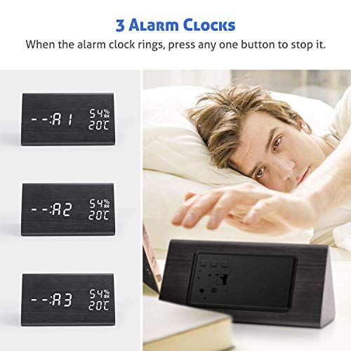 GEEKERS Wooden LED Clock with Triple Alarms, 3 Levels Brightness Dimmer, Big Digit Display Date, Temperature and Humidity for Home Bedrooms, Black - Thumbnail 3