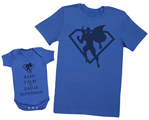 Keep Calm My Dad Is Superman - Matching Father Baby Gift Set - Mens T Shirt & Baby Bodysuit - Blue - X-Large & Newborn