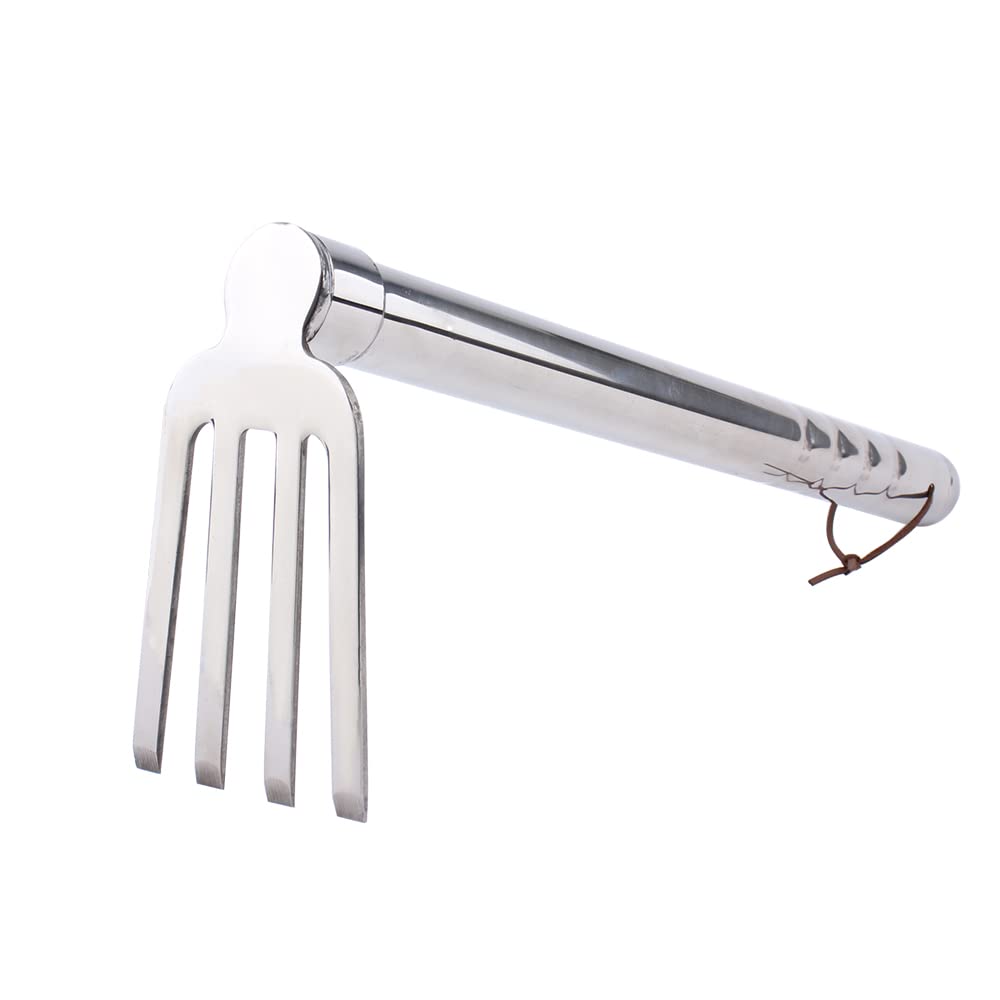 LUBAN small rake made of stainless steel, length: 39 cm, hand rake with 4 tines, rustproof flower rake made of metal, flower rake for weeding and loosening and aerating the soil