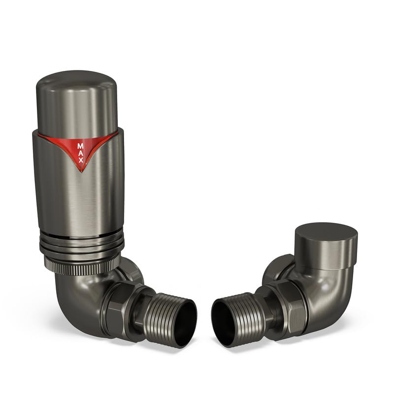 UK Radiators Pewter Thermostatic Radiator Valve and Corner Lockshield Valve - Matt Pewter Finish - Classy and Modern Design 1/2" x 15mm Corner Radiator Valve