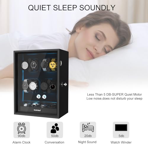 DUKWIN Watch Winder for 4/6/8/12 Automatic Watches, Lockable Automatic Winders with Extra 4/6 Watch Storages, 4 Rotation Modes, Quiet Mabuchi Motor, Sfot Watch Pillows and Blue Backlight