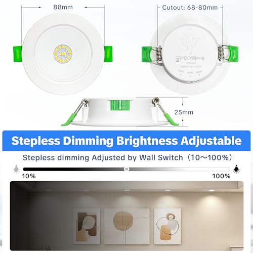 Laiebri Recessed LED Spotlight 230 V Dimmable Set of 6, 5W 650lm Ultra Flat 23 mm, 3 CCT Colour 2700K/4000K/6000K, IP44 Splatter Resistant, Hole Ø68-75 mm, for Bathroom Living Room, White